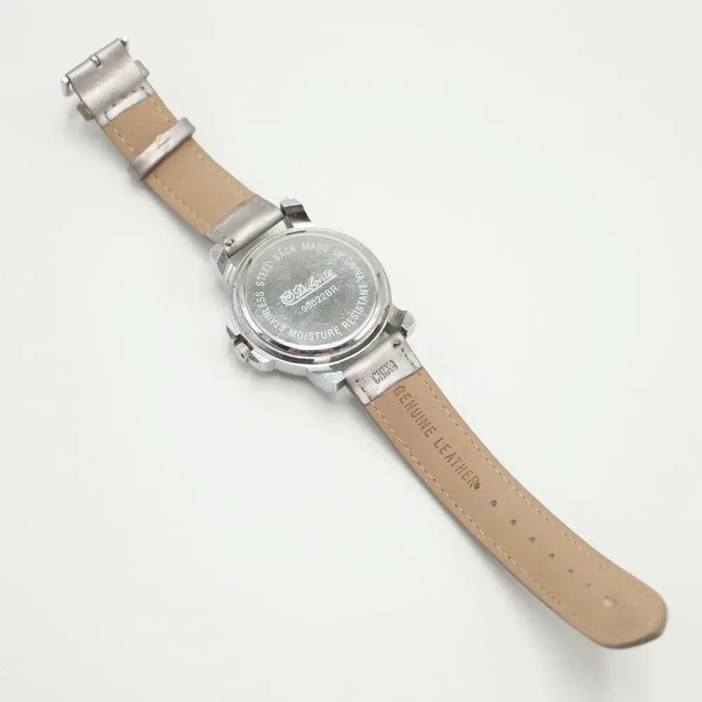 Vintage Dufonte Silver Tone Mens Watch 42mm Roman Dial Leather Strap New Battery